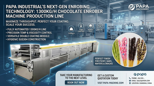 সম্পর্কে সর্বশেষ কোম্পানি খবর Papa Industrial Launches High-Capacity 1300kg/h Double Coating Chocolate Enrober Machine Line